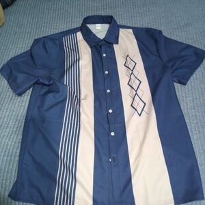 Men's Blue and Cream Short Sleeve Shirtp Size Large Free Shipping